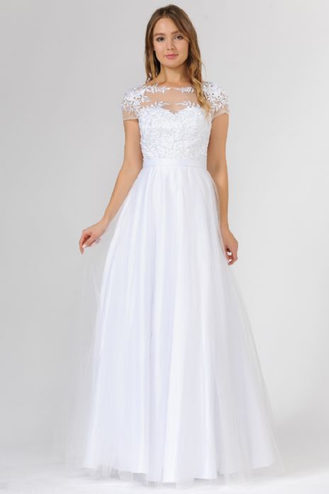 Mid Calf Wedding Dress, Women's Summer Dress White High Collar With Puff Sleeves Y4789 main image 1